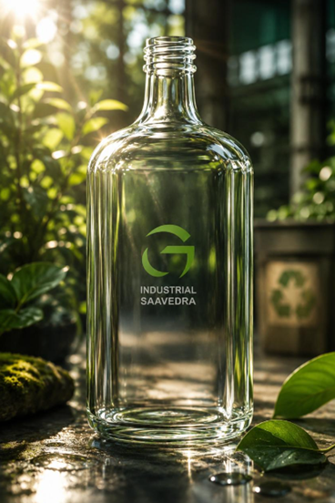 Botella de vidrio con logo de Industrial Saavedra en entorno natural